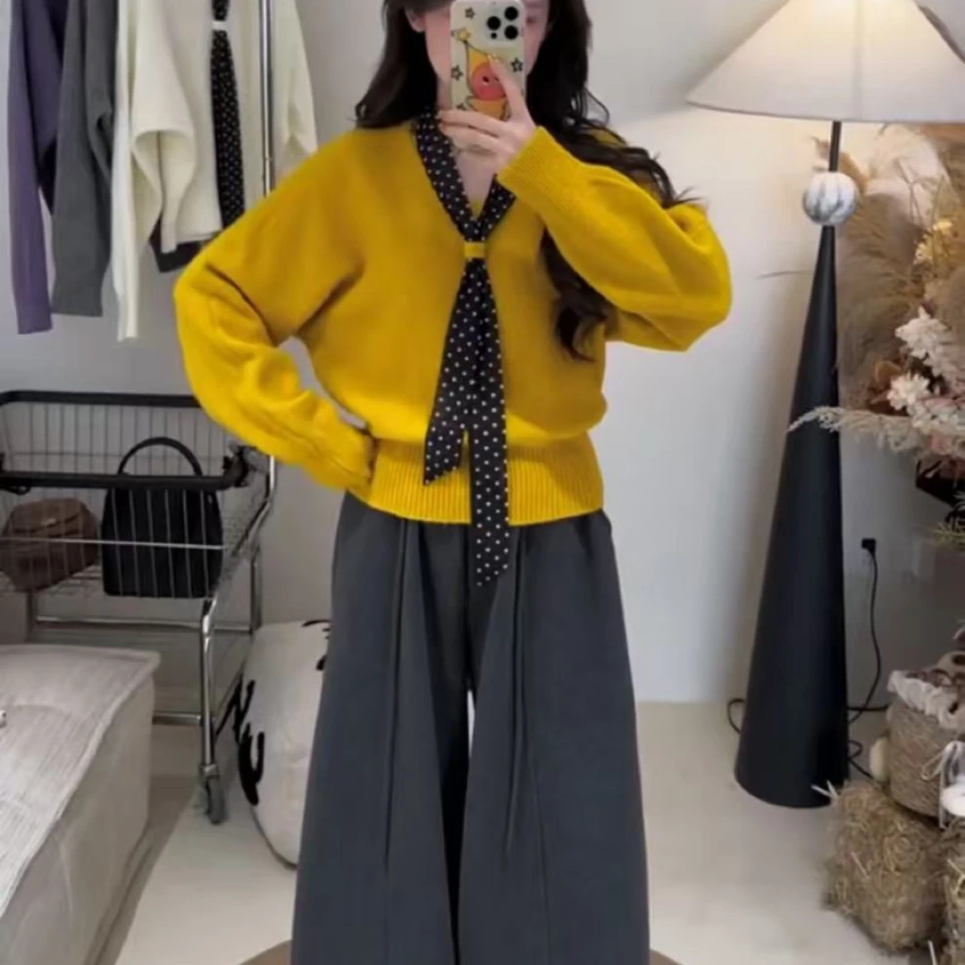 【肉肉家】胖mm法式V领波点丝带毛衣针织衫显瘦百搭上衣90535-537