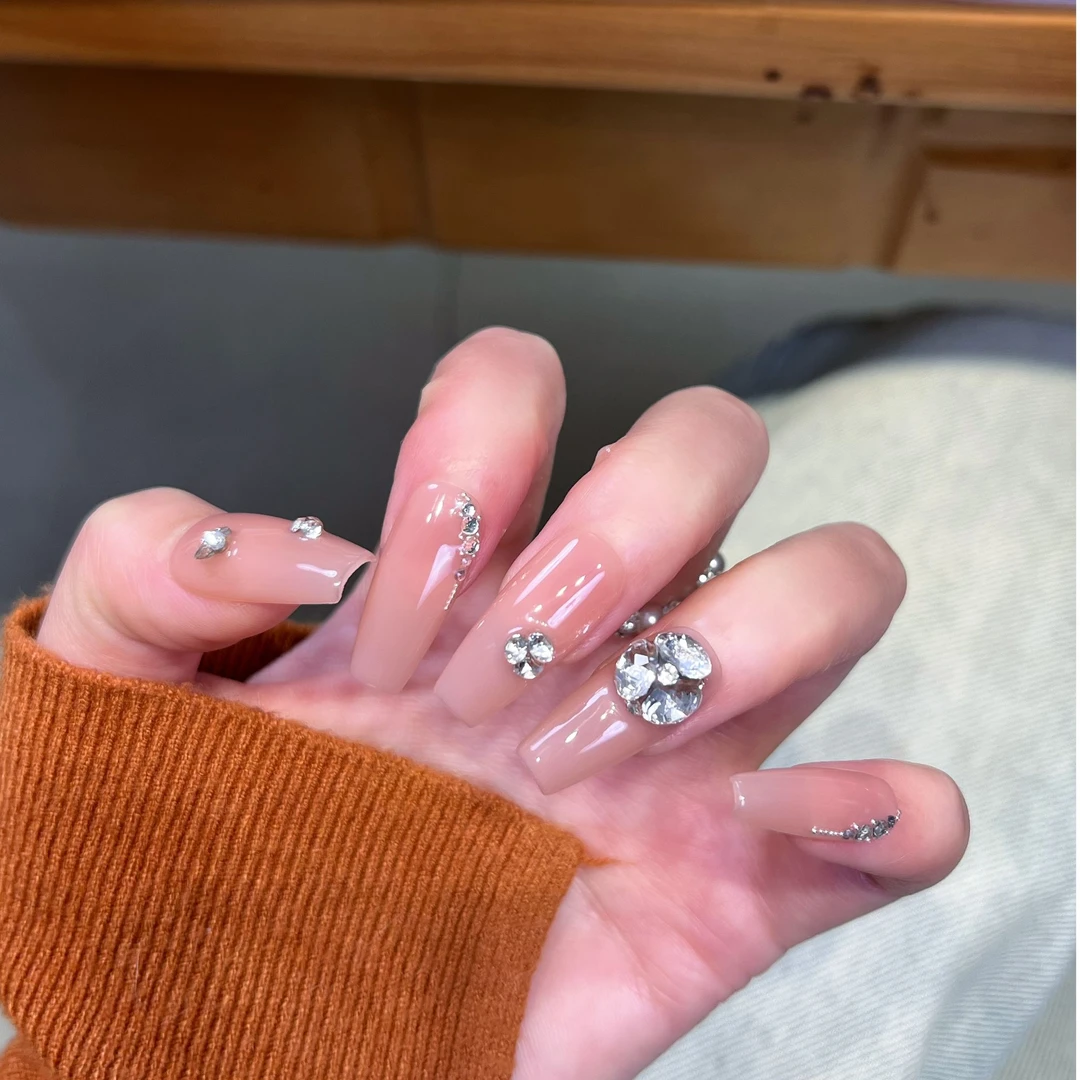 【七分糖】小九儿 手工裸色冰透爆闪钻球穿戴甲