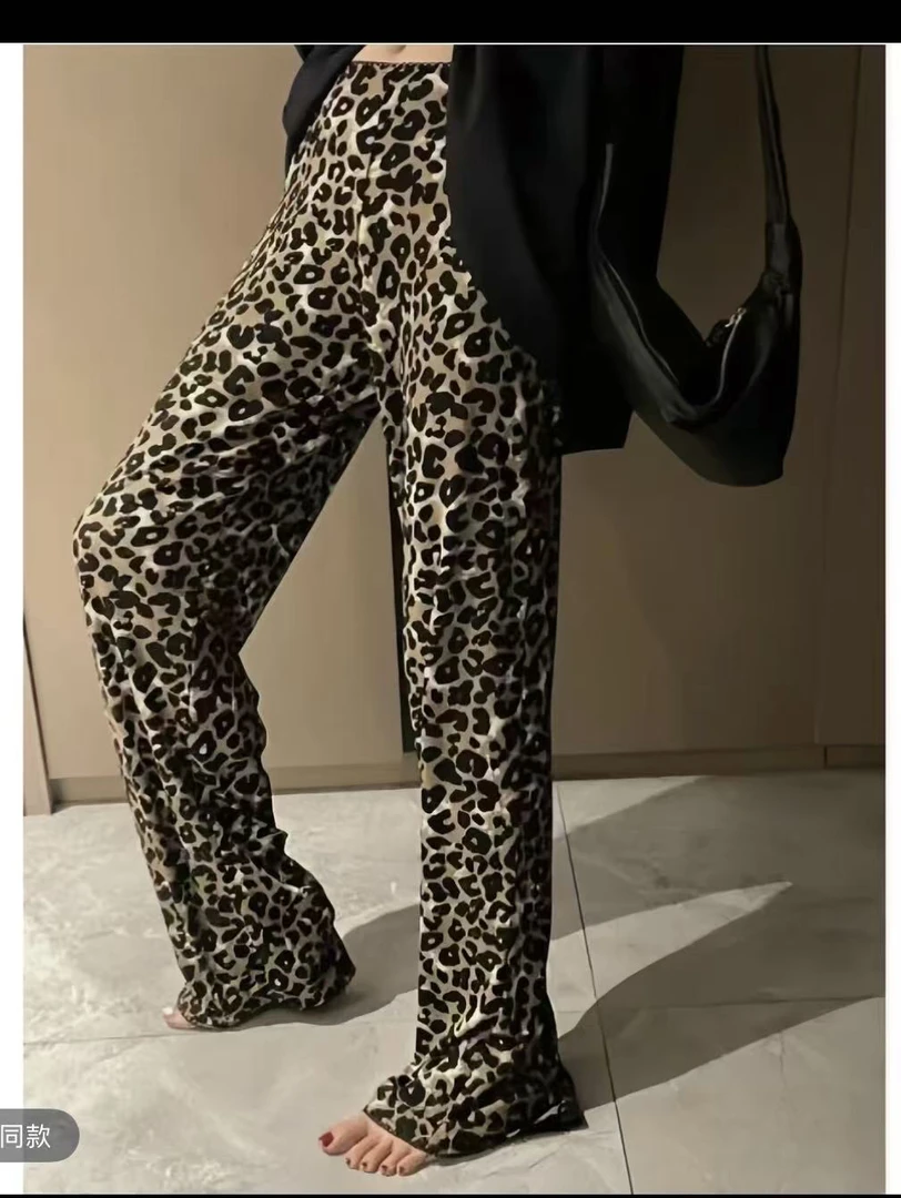 富婆垂感高级豹纹夏季弹力亲肤薄款豹纹直筒裤松紧腰垂感休闲百搭