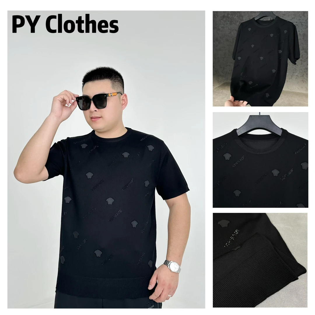 胖语大码男装 2025年春季新款潮牌定制烫钻轻奢针织短袖78902#S