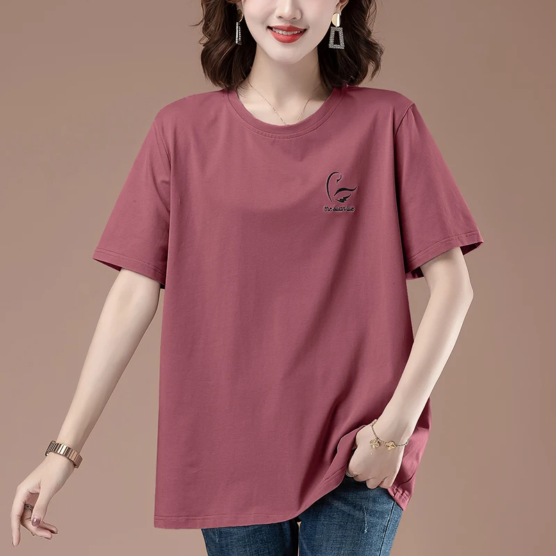 中年妈妈短袖t恤女纯棉宽松遮肚子2023夏季加肥加大码夏装上衣薄
