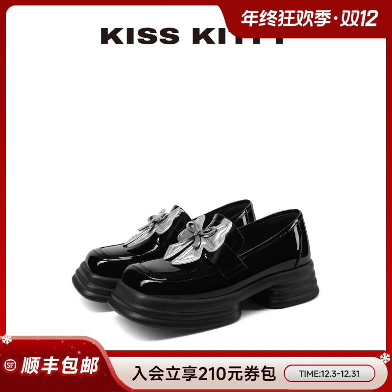 KISSKITTY蝴蝶结乐福鞋25年秋季新款英伦风方头深口女单鞋增高