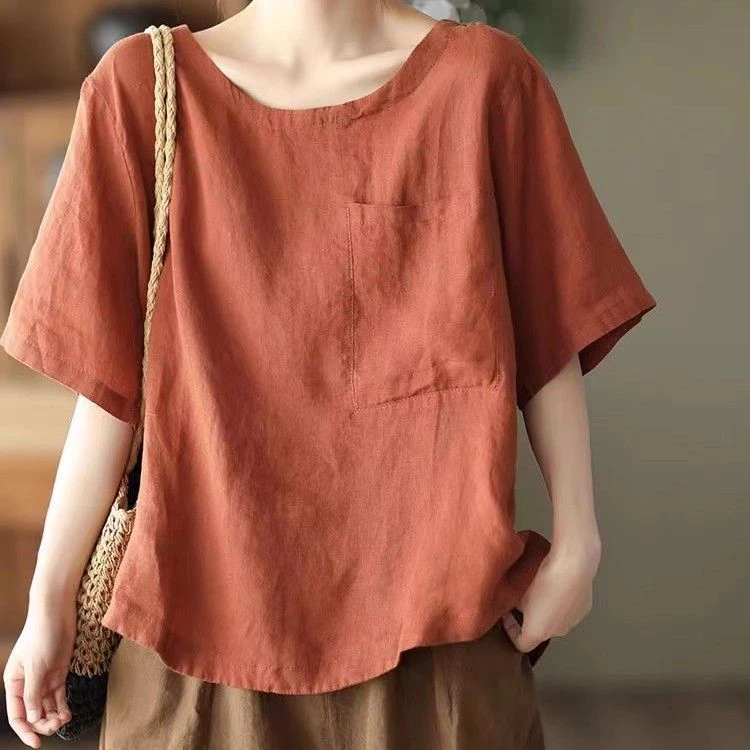 【现货+运费险】夏季新款印花棉麻T恤圆领短袖宽松显瘦文艺复古XK03