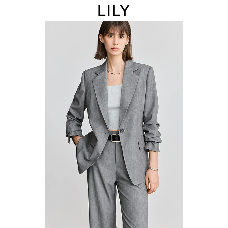 LILY2025春季新款女装格雷系通勤气质简洁一粒扣西装125129C2931