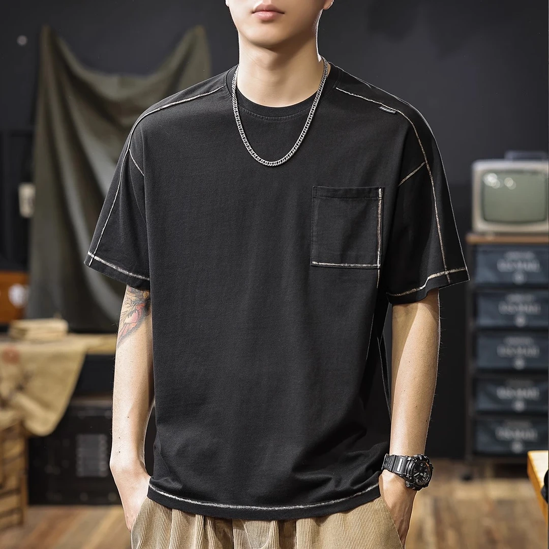 MR.MUDI/穆迪先生美式潮牌纯棉短袖T恤男夏季新款缉明线口袋男士