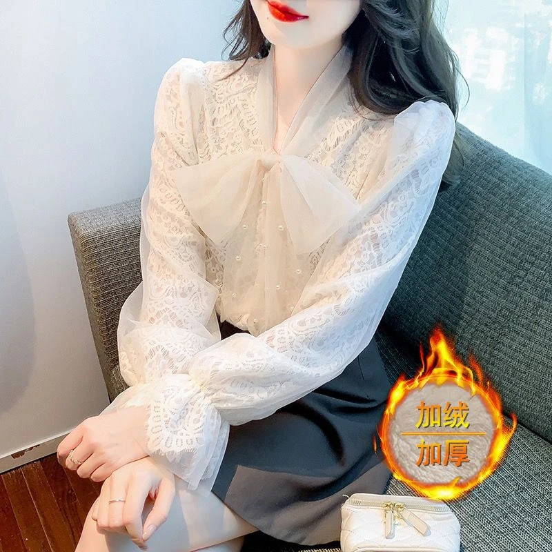 秋冬加绒蝴蝶结蕾丝打底衫女秋冬洋气内搭雪纺衬衫设计感长袖上衣