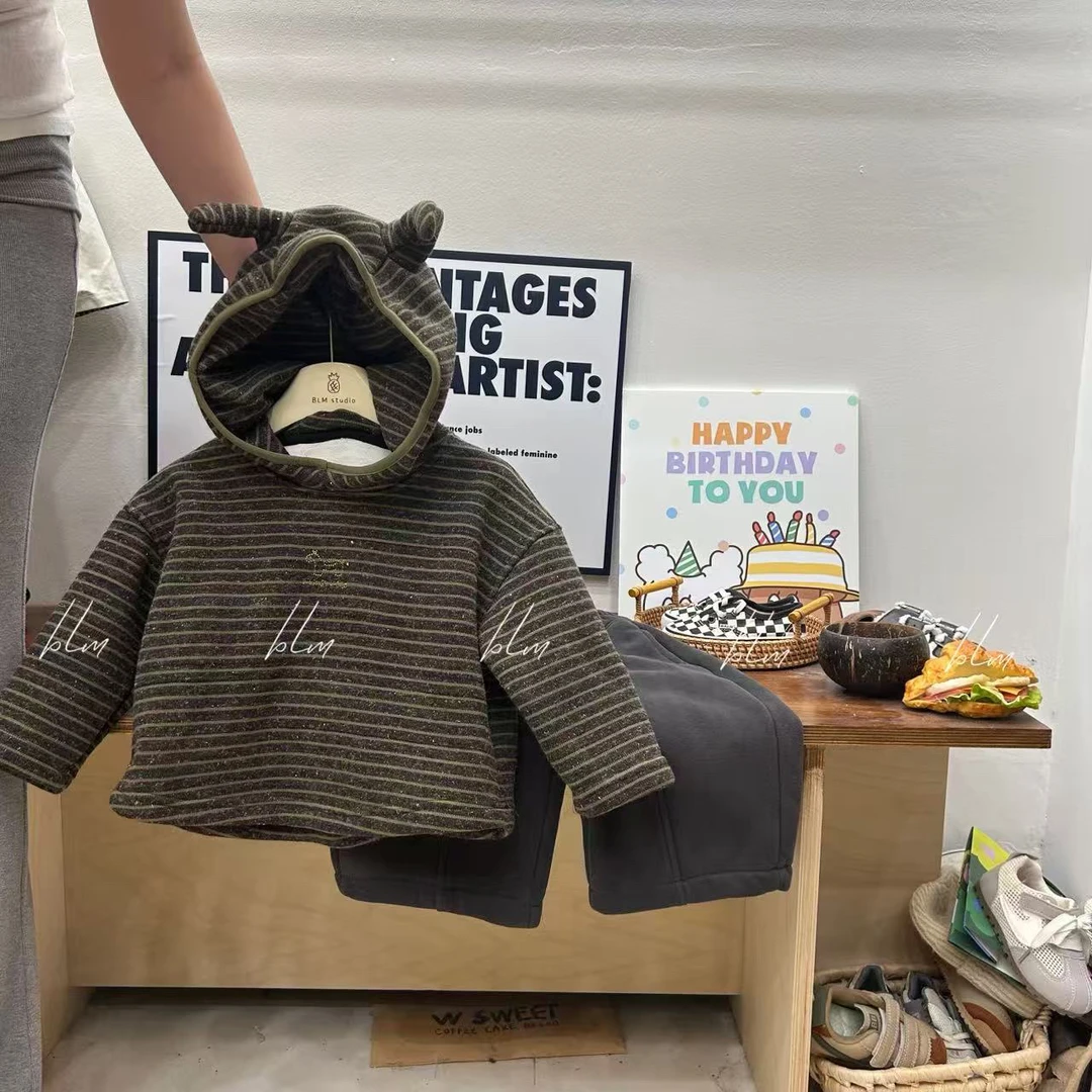 儿童加绒套装2025秋季新款儿童韩版可爱条纹卫衣弯刀裤幼儿园休闲