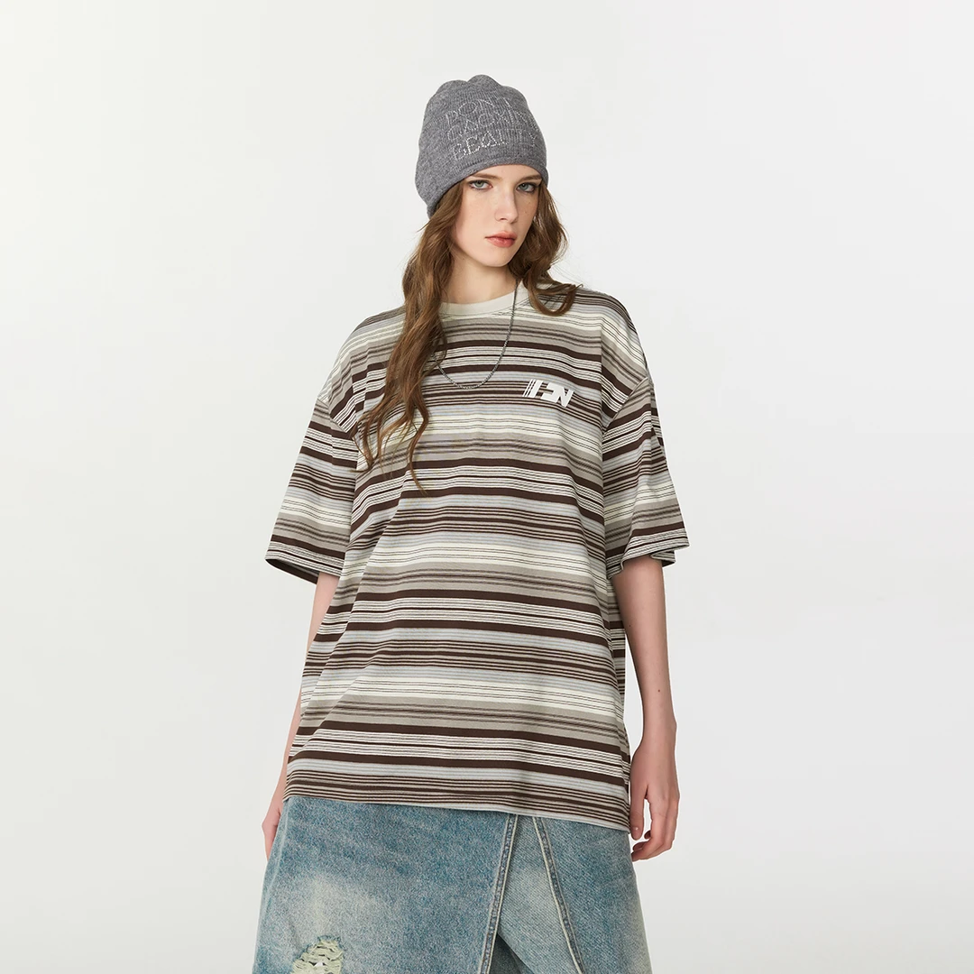 FORNINES撞色条纹刺绣短袖T恤男女潮牌夏季美式上衣宽松半袖体恤