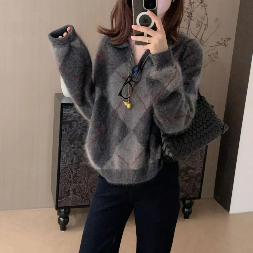 羊毛羊绒拉毛套衫2025秋冬毛衣女宽松慵懒风针织POLO领网红ins
