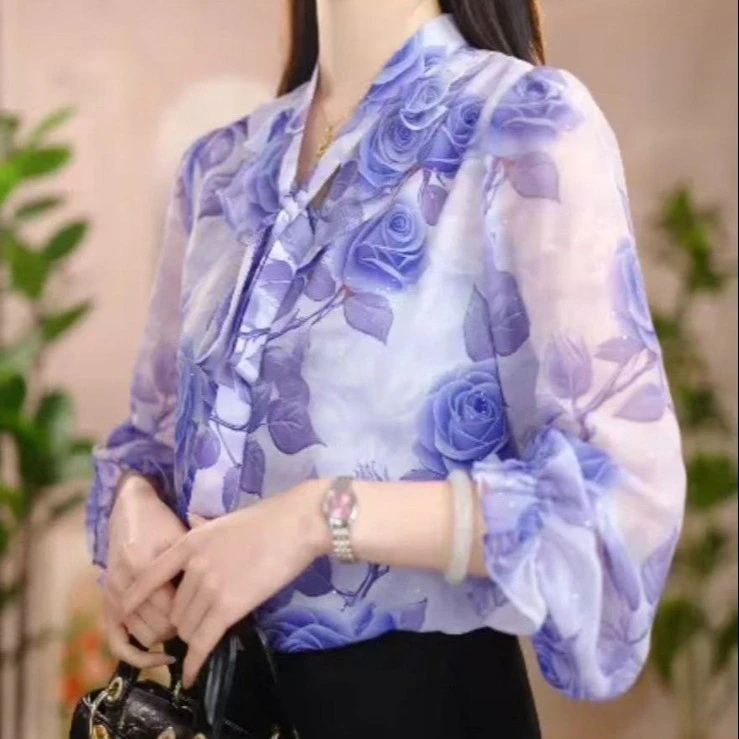 时尚飘带v领妈妈装薄款小衫女衬衫2025夏季新款紫色长袖洋气上衣