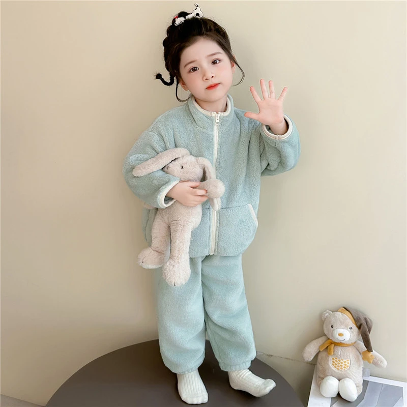 小女孩冬季新款珊瑚绒休闲睡衣套装女娃娃保暖加厚家居服两件套潮