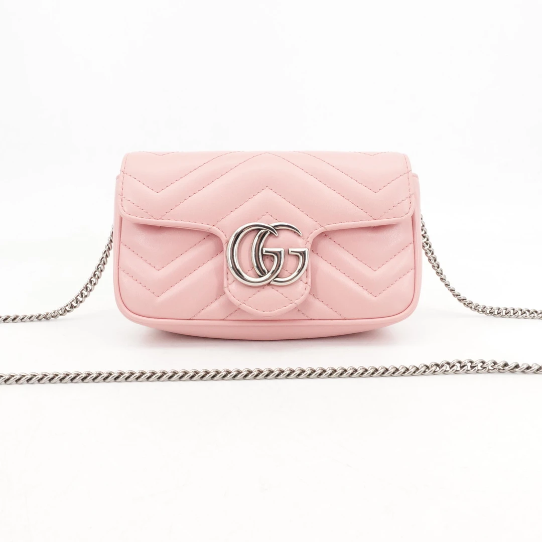 95新 GUCCI/古驰 马蒙supermini粉色银扣牛皮单肩包73670417