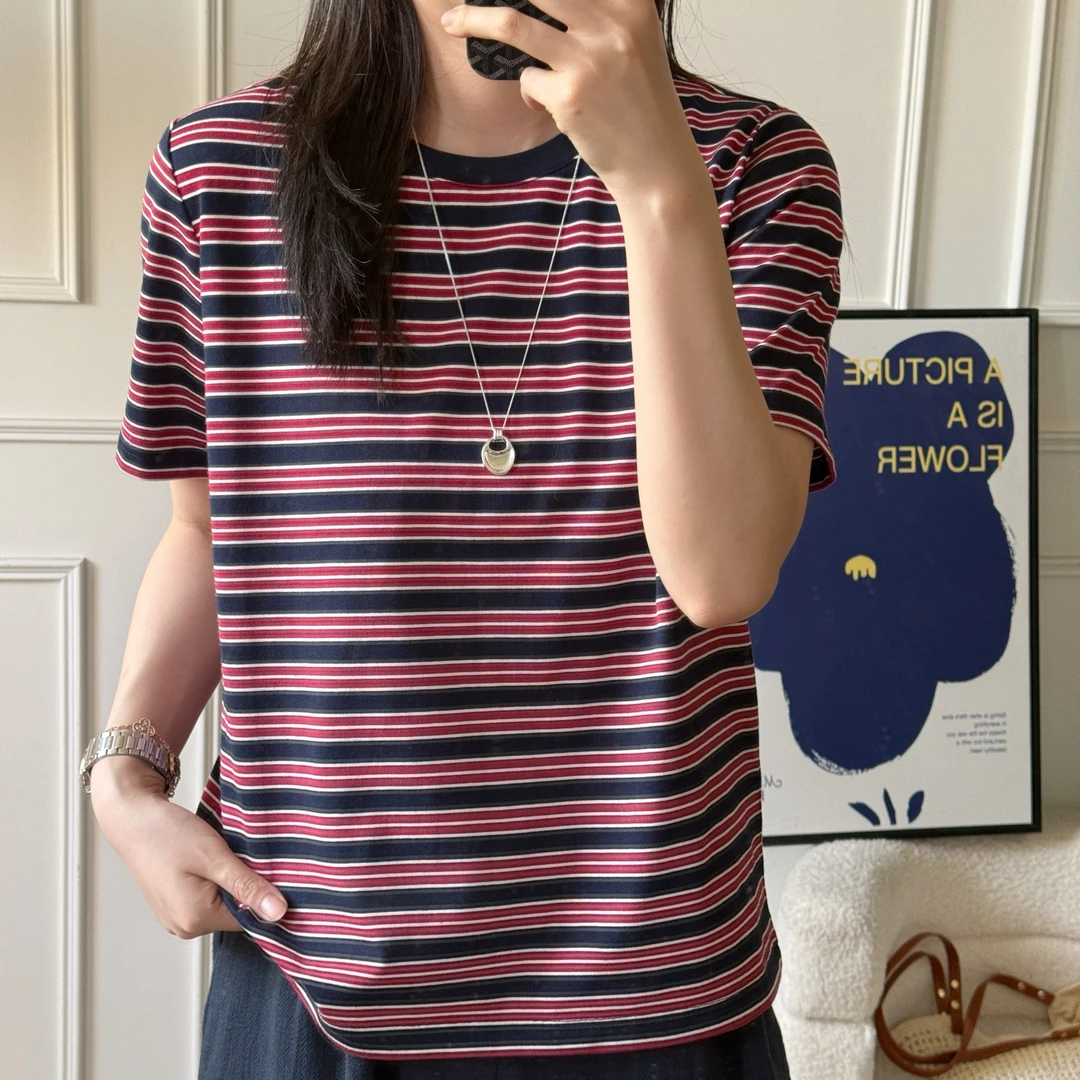 美亚恩NANA藏蓝领红色条纹T恤短袖打底宽松百搭上衣C0310