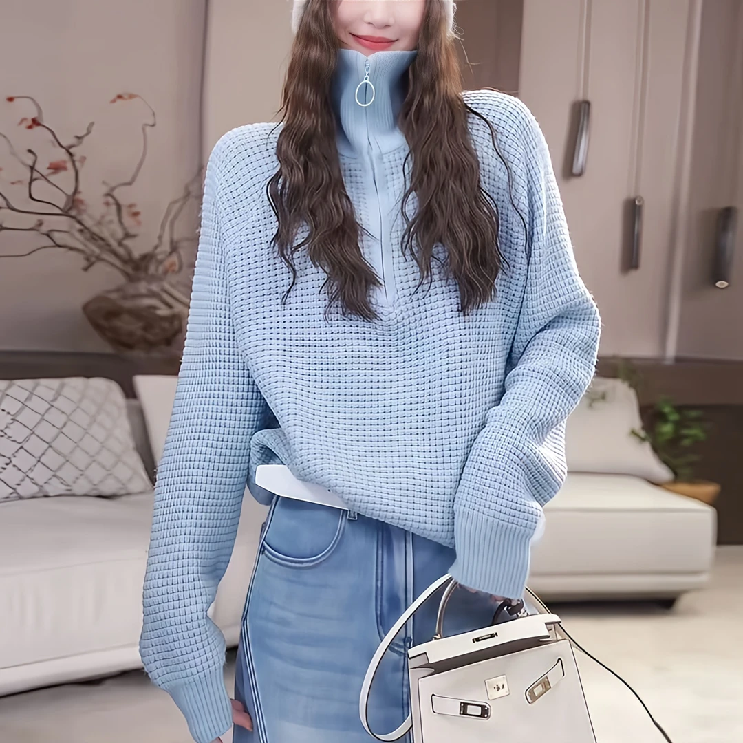 慵懒高级感蓝色高领毛衣女款2025新款冬季半拉链内搭打底针织上衣