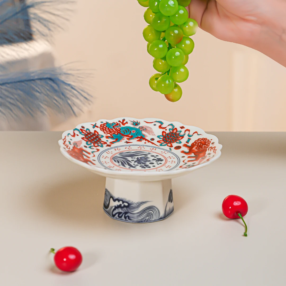 陶瓷高脚果盘瑞兽繁花家用款客厅茶几零食盘水果盘茶几摆设收纳盘