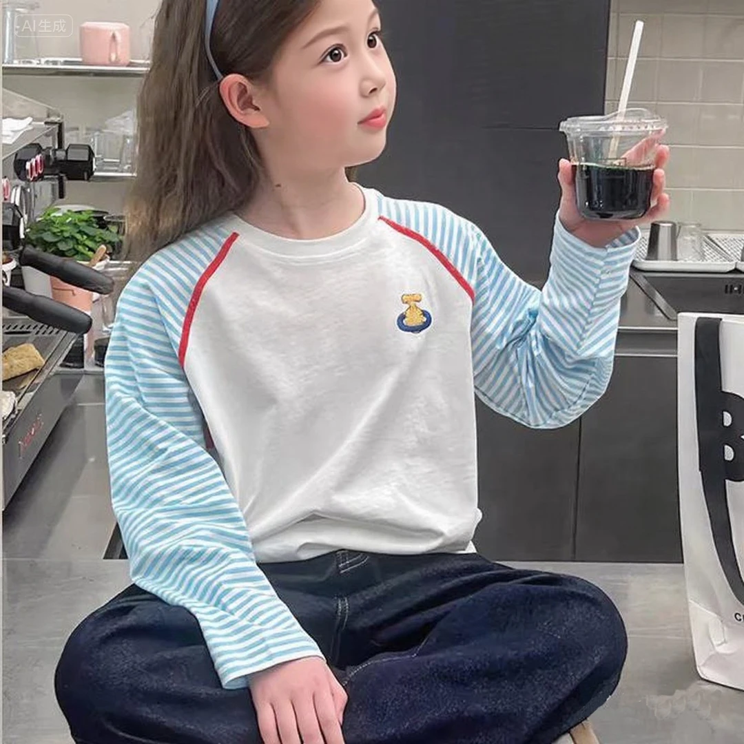 2025秋装新款儿童条纹插肩袖撞色上衣女童洋气长袖t恤大童打底衫