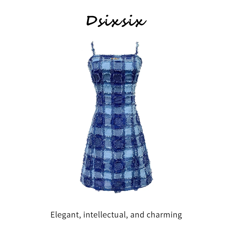 WEI BAO ER【星河潮汐】春季新款设计师时尚复古辣妹格子吊带连衣裙