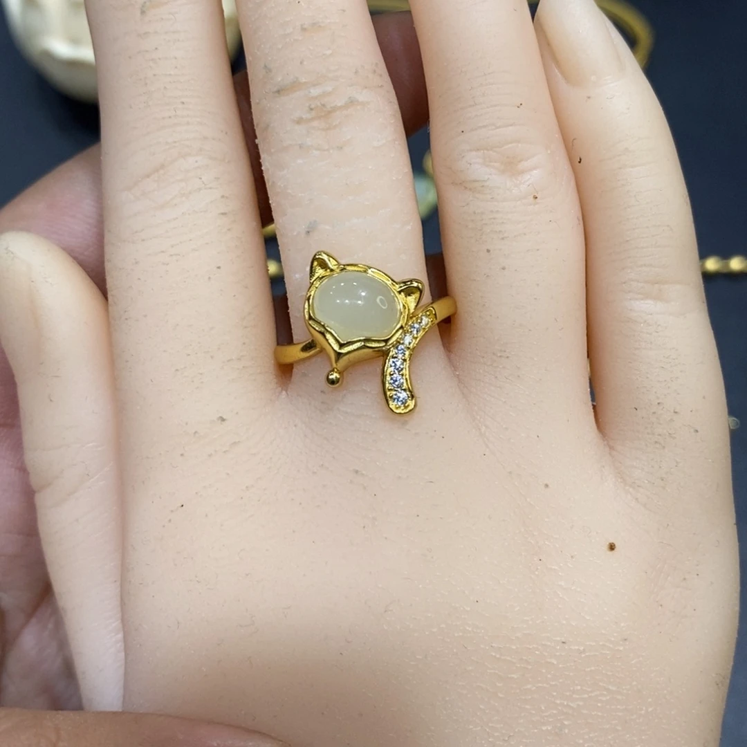 和田玉戒指银S925镀金镶嵌