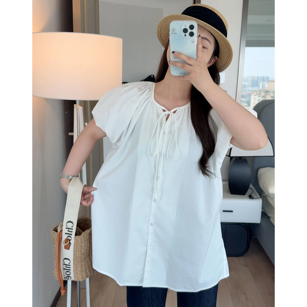 桔青春法式小飞袖短袖衬衫女夏季设计感小众宽松百搭娃娃衫上衣