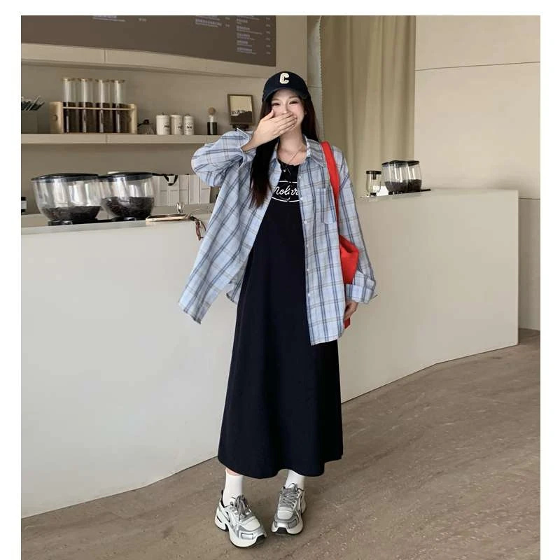 ..大码女装吊带背心连衣裙女新款春季胖显瘦裙子两件套长裙..