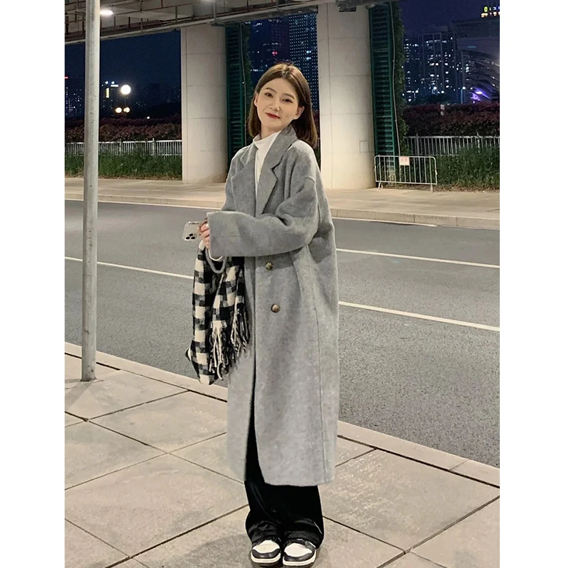 灰色双面毛呢大衣女2025秋冬新款中长款高级感宽松韩系毛呢子外套