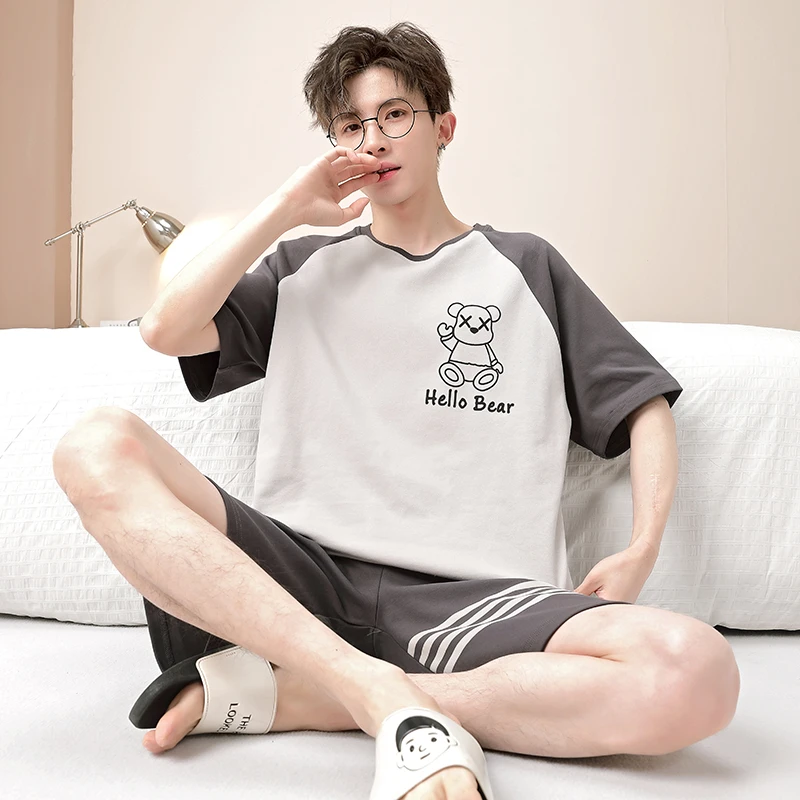 男士睡衣夏季短袖纯棉卡通简约休闲青少年薄款学生全棉家居服套装