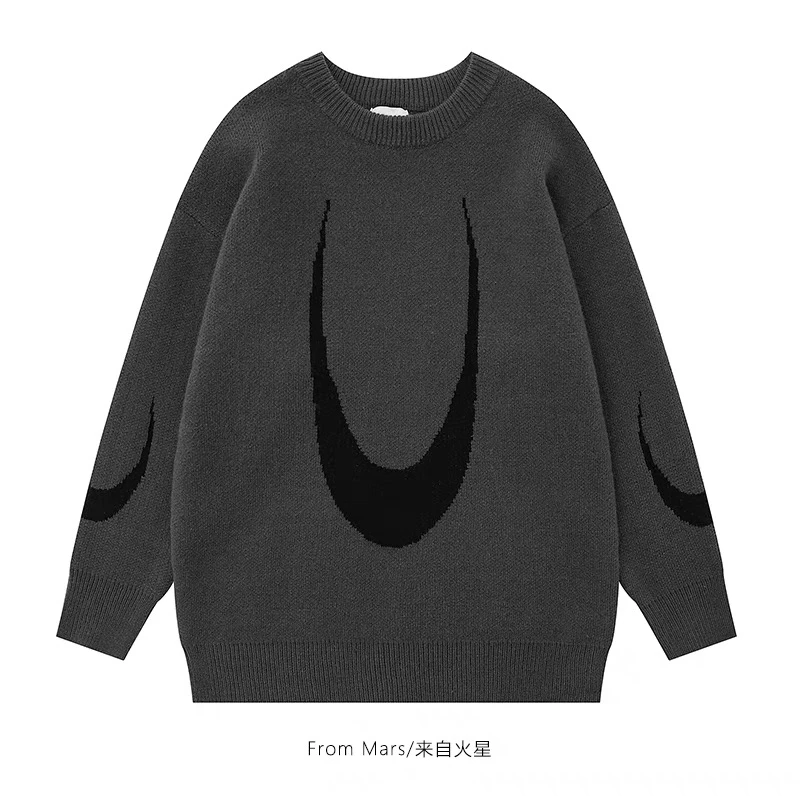 三色可选 U型撞色提花 美式复古潮牌男女同款毛衣8104