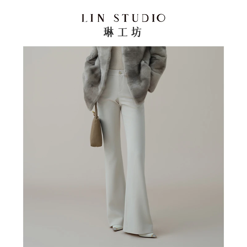 琳工坊余熏微喇裤燕麦色高腰弹力裤子女士休闲裤唐琳设计师