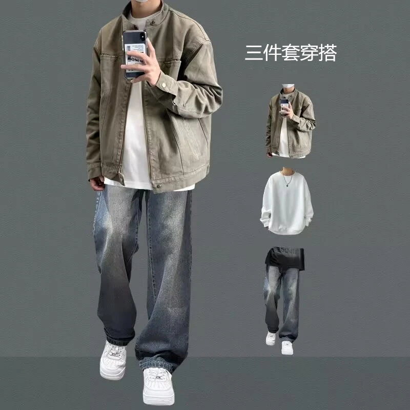 美式复古水洗工装外套男士春秋立领设计感休闲夹克牛仔穿搭三件套