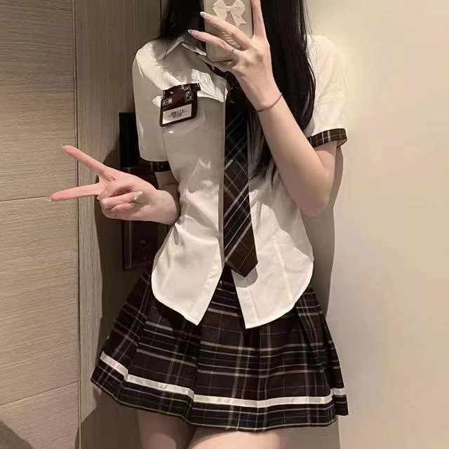 JK性感cos制服诱惑夏季短裙搭百褶裙格子套装