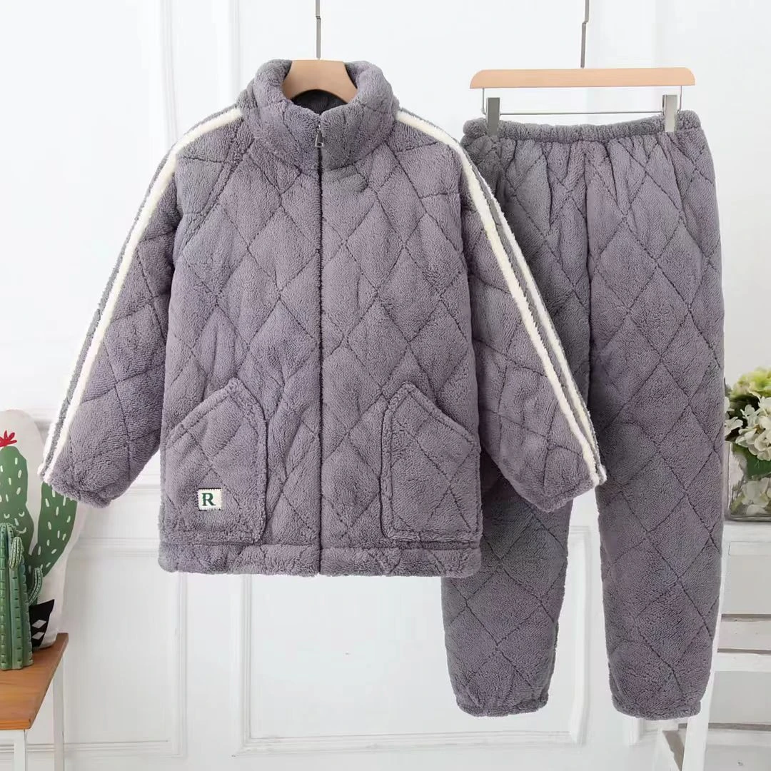 深冬季男士超厚法兰绒睡衣三层夹棉加厚加绒保暖家居服套装可外穿