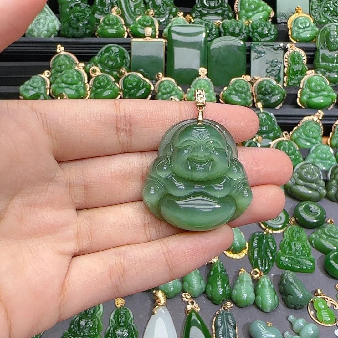 和田玉（碧玉）18K金镶嵌颈饰一线天粉青冰猫35