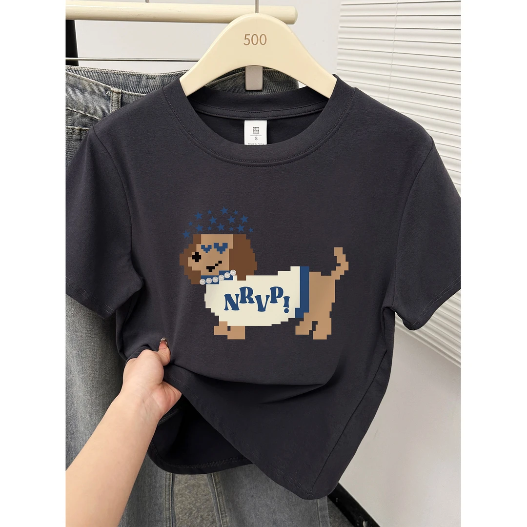 夏季新款像素小狗印花大码短袖胖mm显瘦正肩遮肚子圆领t恤衫上衣