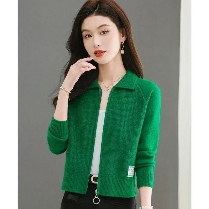 针织开衫短款拉链新款2025翻领秋冬毛衣外套春秋宽松小香风上衣