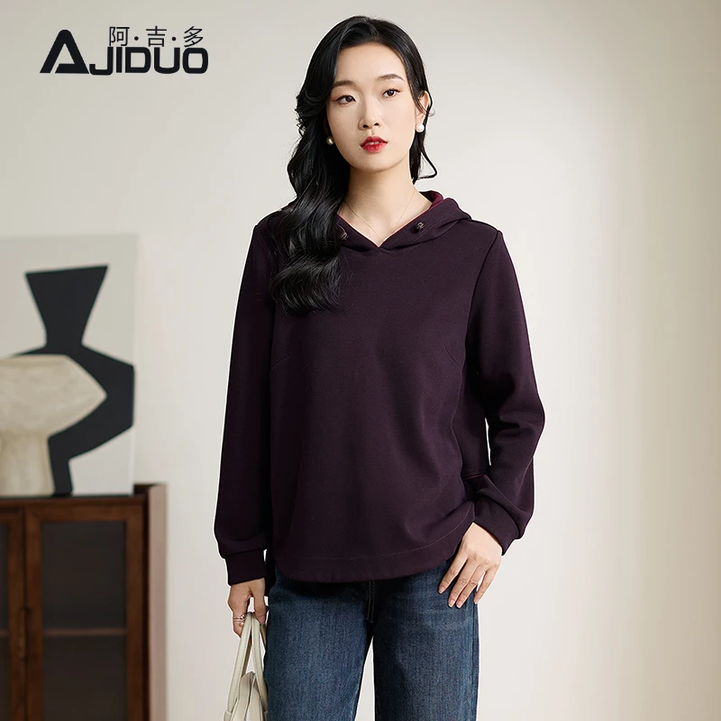 A23352阿吉多长袖抓绒连帽卫衣女士2025春季新款时尚慵懒大码上衣