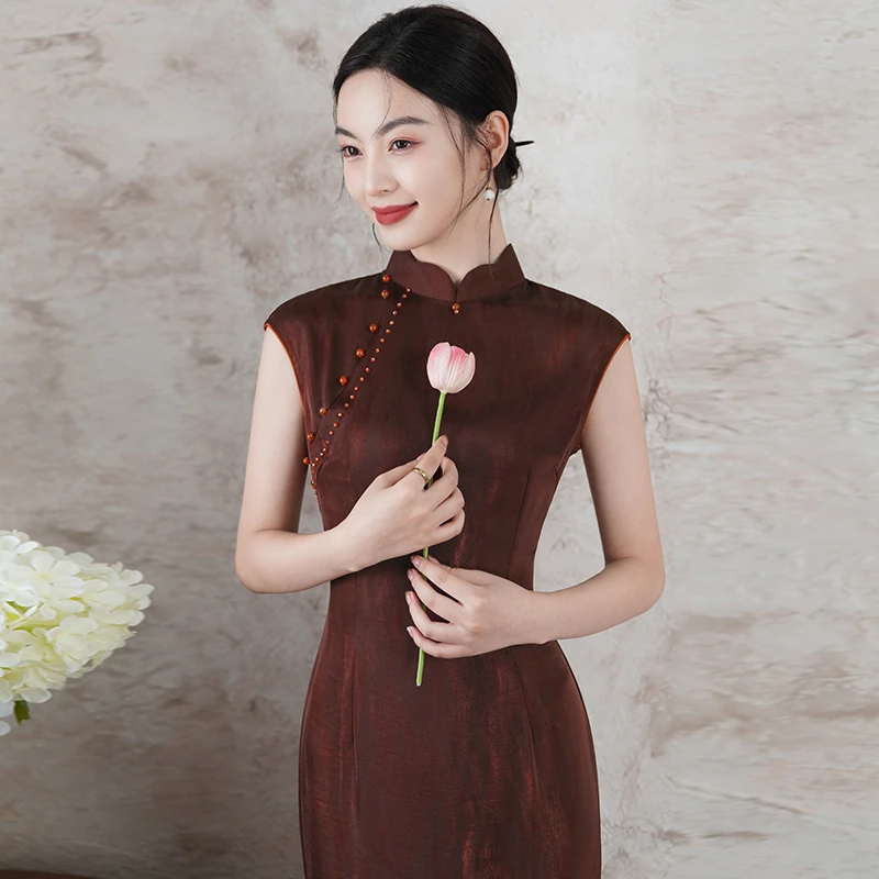 新中式旗袍高端日常可穿2025夏季素雅国风老上海裙子无袖长款礼服