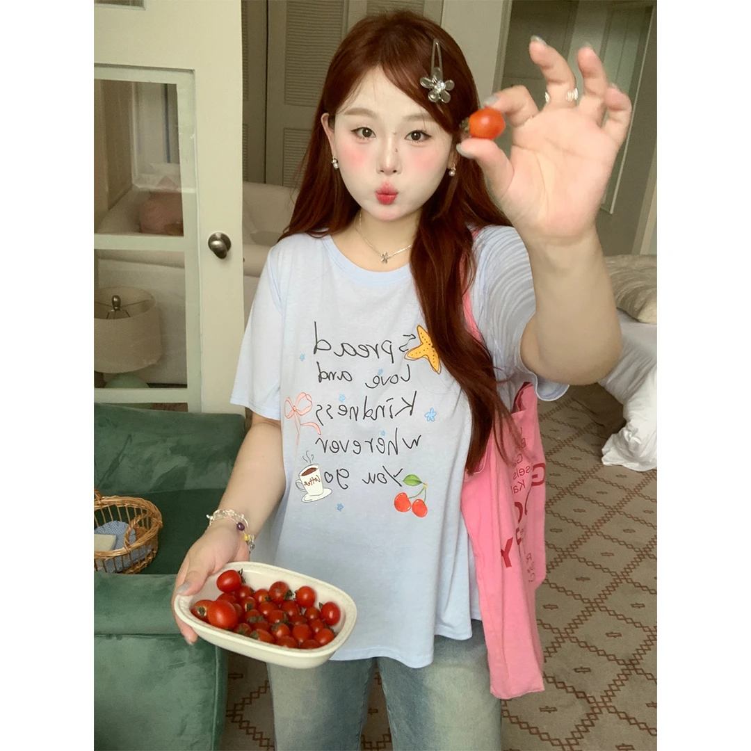 徐达布【简简单单】大码宽松上衣女蓝色印花T恤打底衫T33637C52