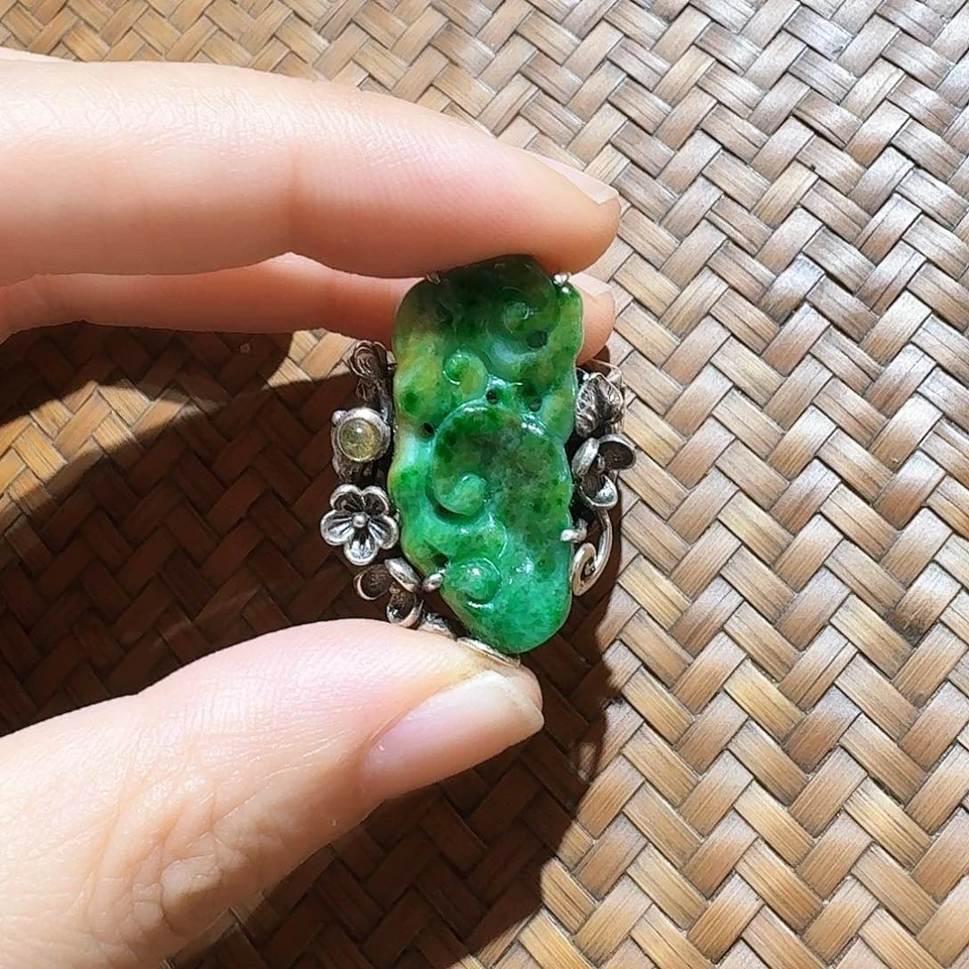 翡翠戒指银S925镶嵌天**阔个性十足