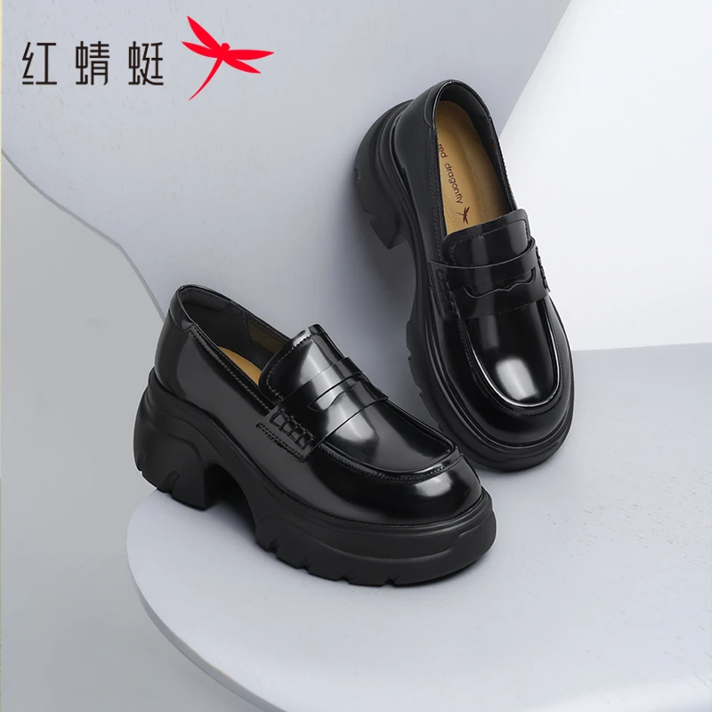 红蜻蜓银色乐福鞋女厚底2025秋新款一脚蹬女鞋单鞋松糕鞋增高皮鞋