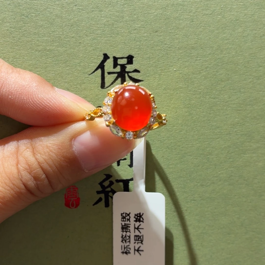 南红玛瑙银S925镶嵌原矿保山南红冰红女戒