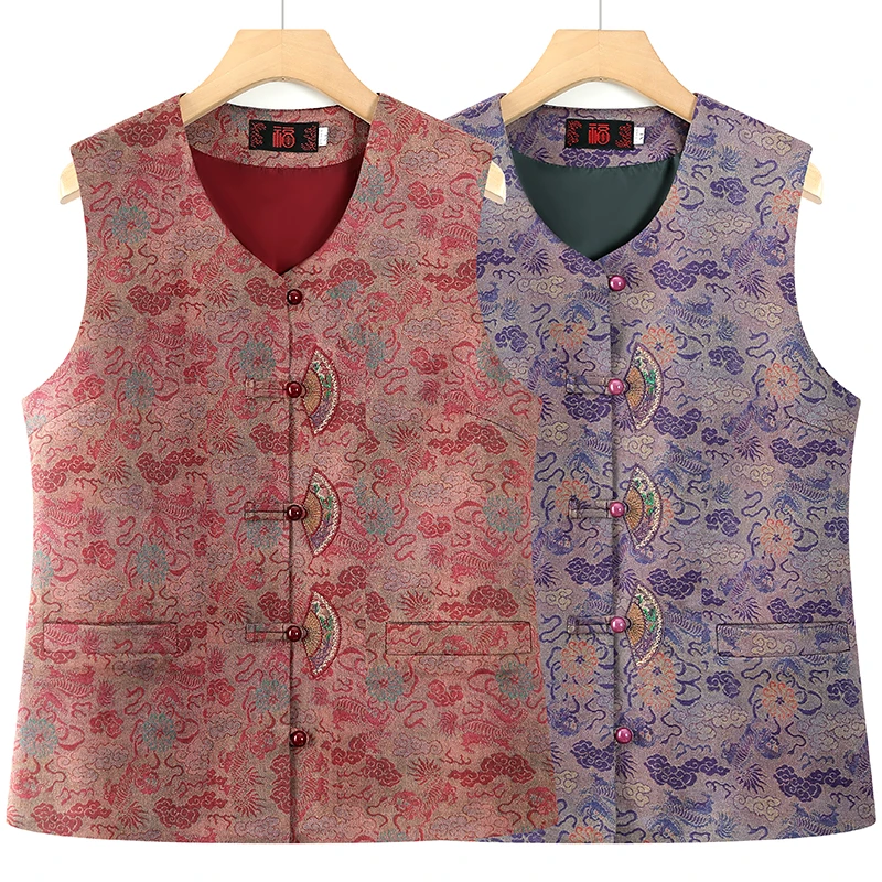 中老年女装春秋装国风马夹大码妈妈装宽松绣花上衣奶奶装马甲外穿