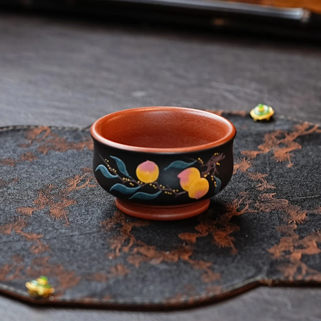 宜兴正宗紫砂降坡泥粉黑料寿桃桃子杯全手工网红茶器紫砂主人杯