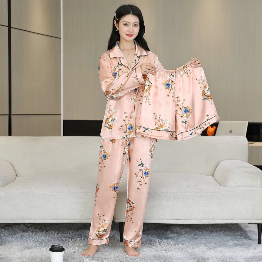 2025秋季女款冰凉丝滑长袖长裤睡衣家居服套装