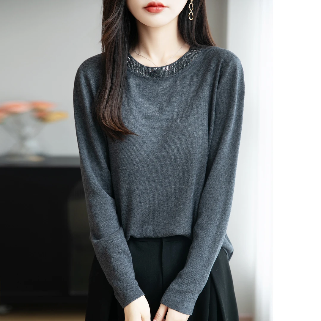 春秋特大码女装镶钻圆领时尚针织打底衫宽松百搭显瘦纯色羊毛毛衣