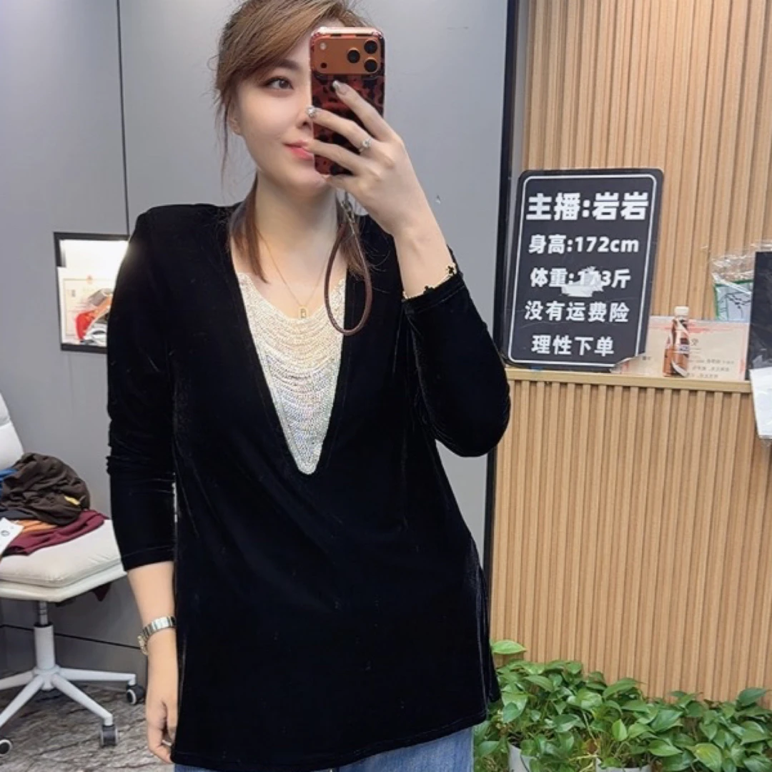 岩岩家v领串珠中长款女上衣2392