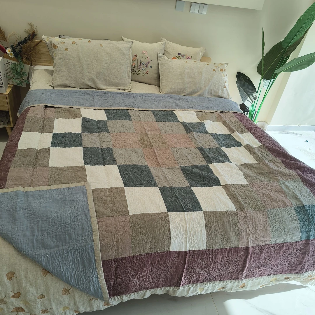 亚麻正方形拼接盖毯AB面