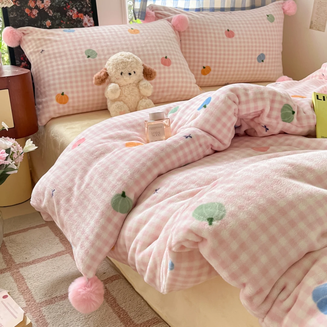 奶油风珊瑚法兰绒被套床单床笠四件套冬季毛球款加厚牛奶绒三件套