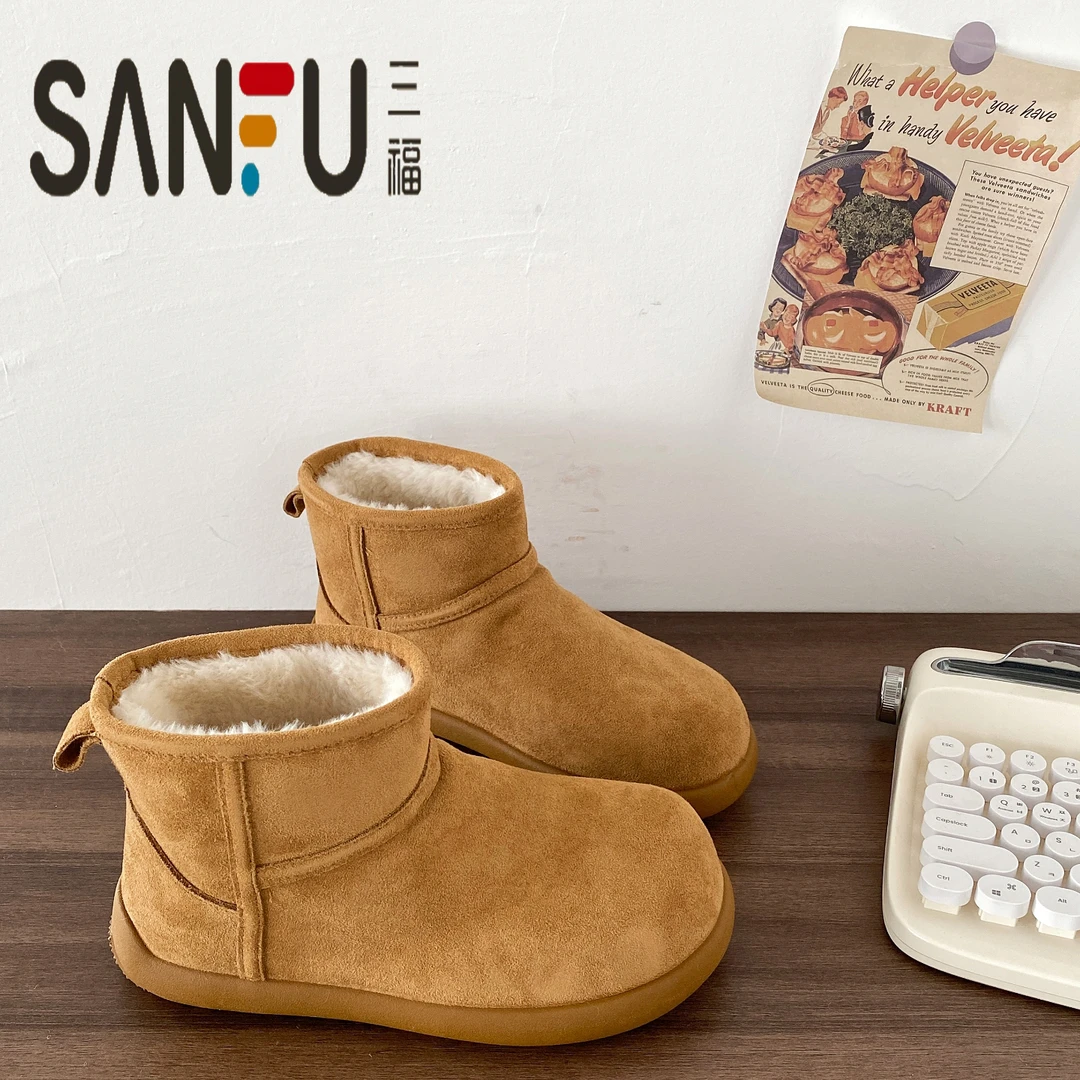 三福厚底加绒加厚雪地靴女款2025冬季保暖勃肯短靴东北防水大棉鞋