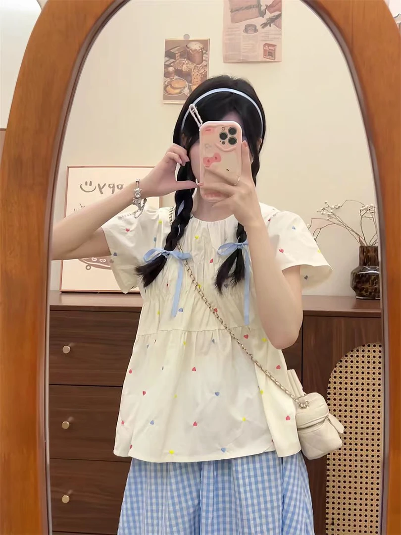 设计感爱心刺绣娃娃衫短袖t恤女2025夏季新款宽松显瘦小飞袖上衣