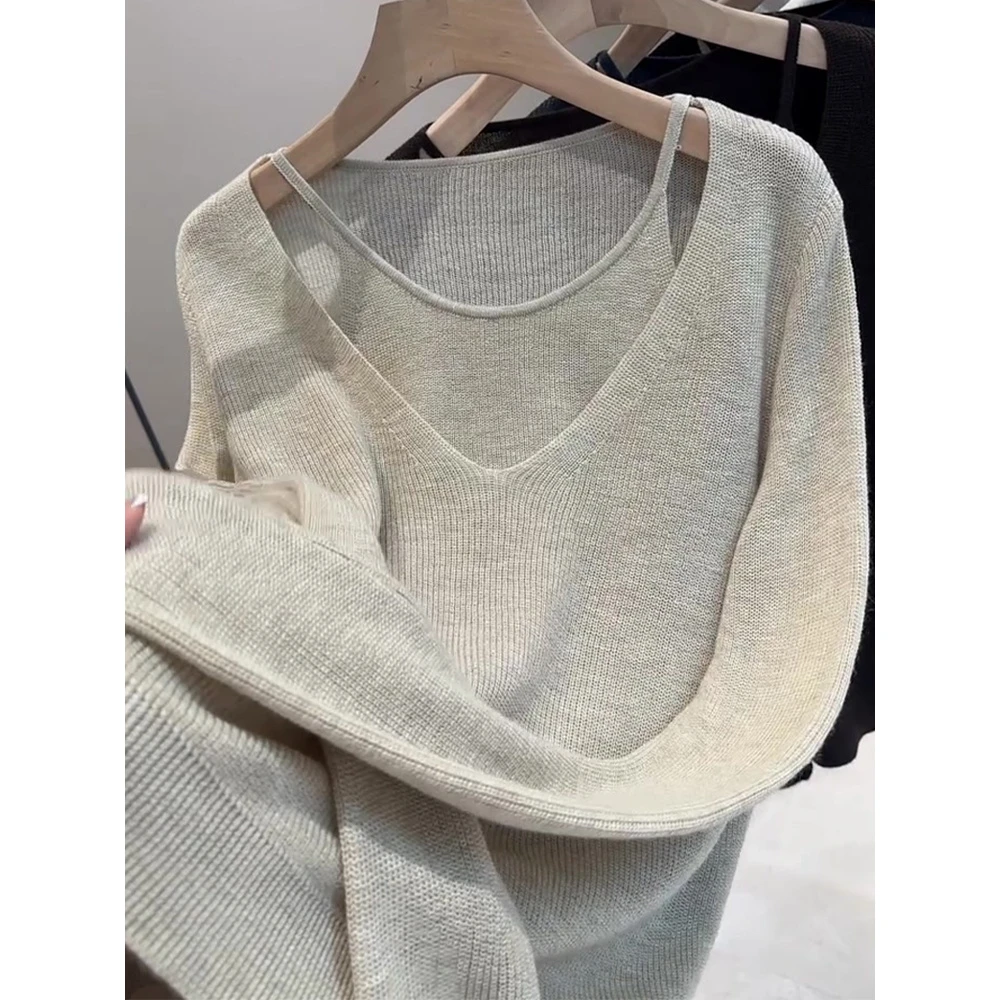 La Chapelle/拉夏贝尔时尚假两件打底衫女秋季新款宽松上衣针织衫